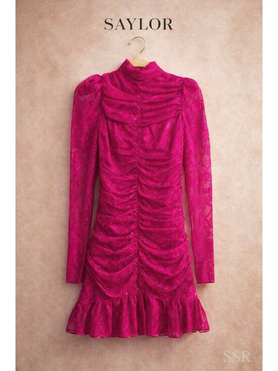 SAYLOR Dresses & Skirts - Saylor Darcy Ruched Mini Dress Pink Lace Long Sleeve Bodycon Ruffle Hem Size M